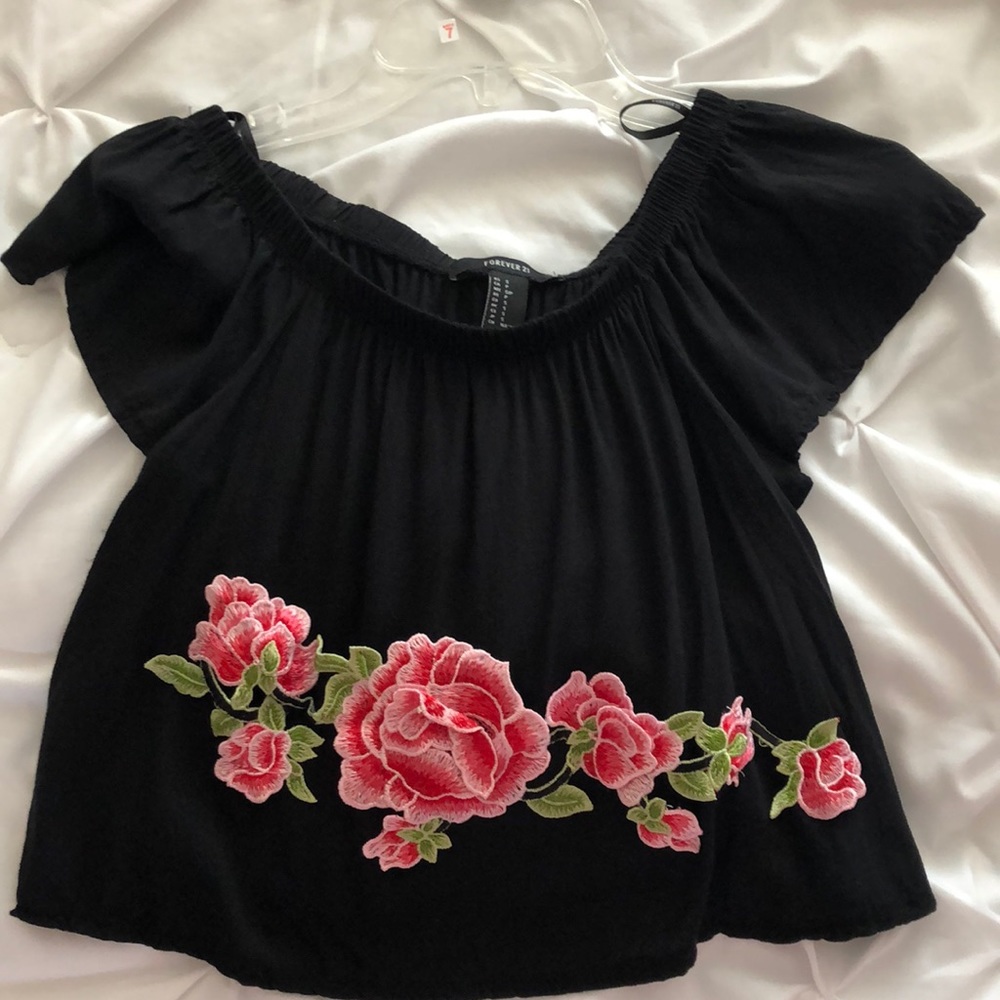 black cropped off the shoulder floral blouse